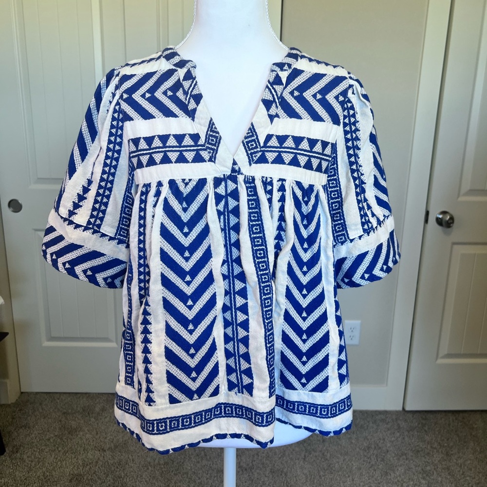 Old Navy Blouse Blue White Geometric Print Boho Coastal 70% Cotton Small